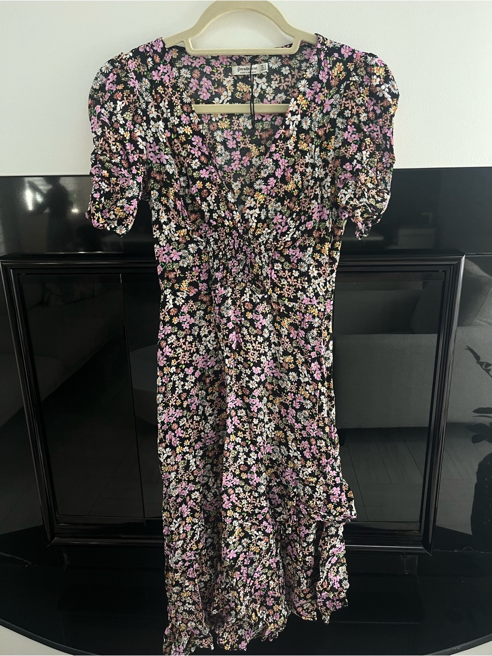 stradivarius Black Floral Midi Dress with Pink & Cream Flowers